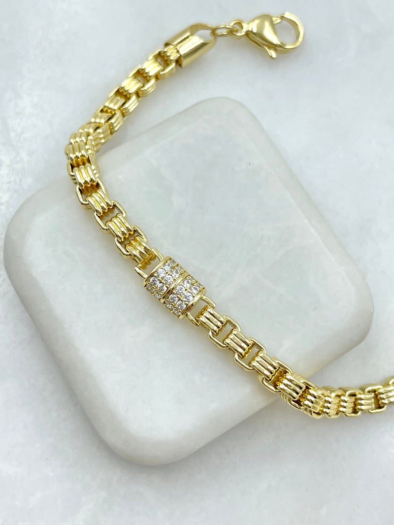 Zirkon Taşlı Dikdörtgen Zincir Bileklik Gold