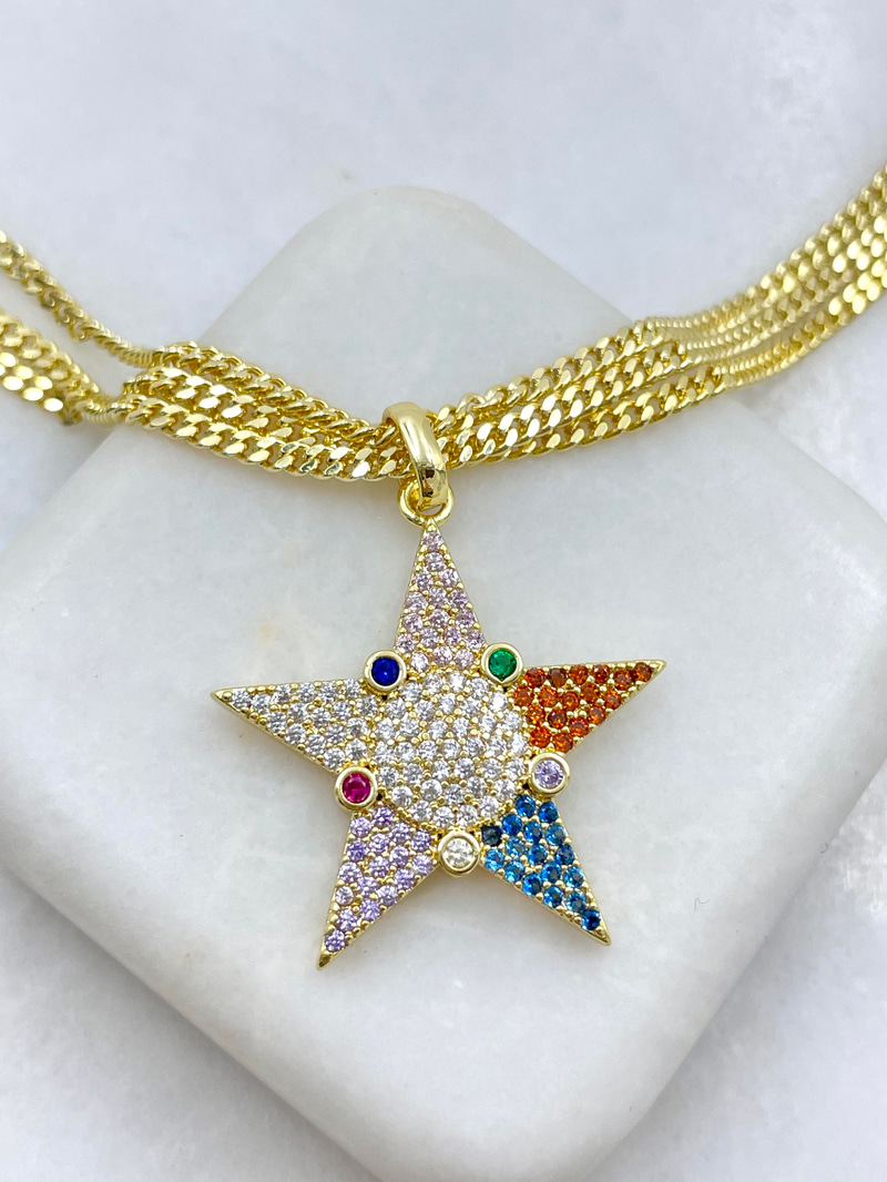 Altın Kaplama Renkli Kristal Taşlı Yıldız Kolye Gold