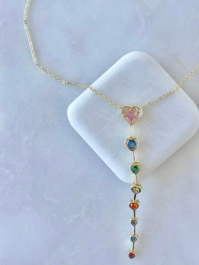 Altın Kaplama Renkli Kristal Kalp Y Model Kolye Gold