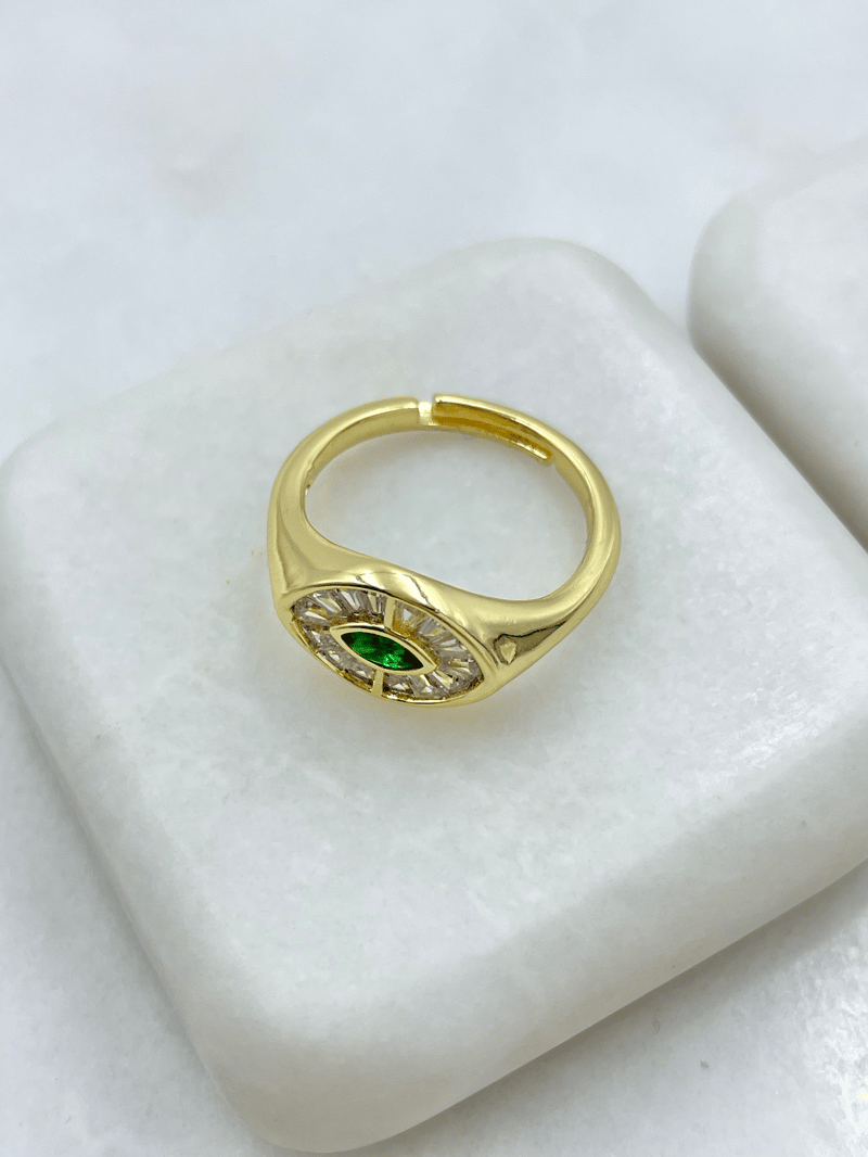 Altın Kaplama Yeşil Kristal ve Baget Taşlı Yüzük Gold