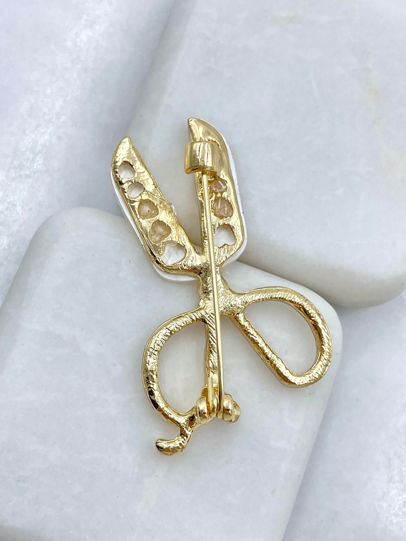 Sedefli Kristal Taşlı Makas Broş Gold