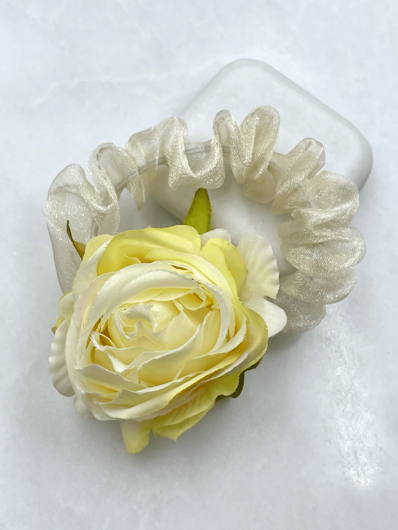 Organze Tül Gül Model Scrunchie Toka Sarı