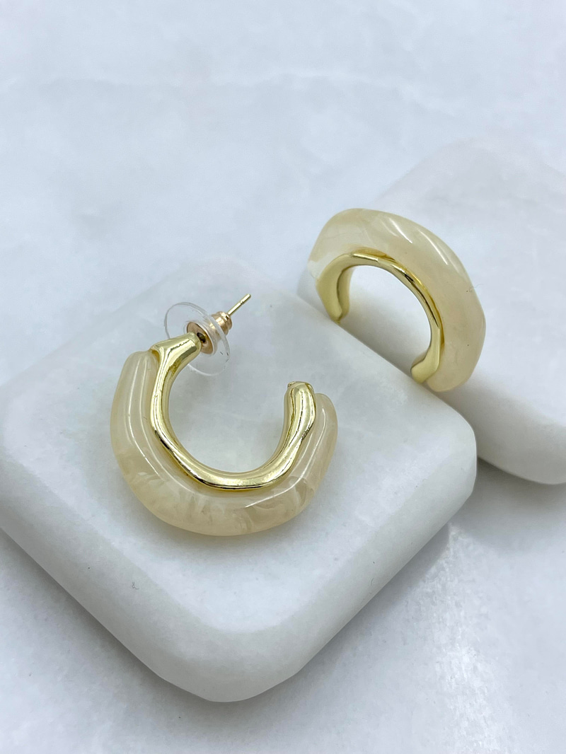Altın Kaplama Gold Detaylı Halka Vintage Küpe Ekru