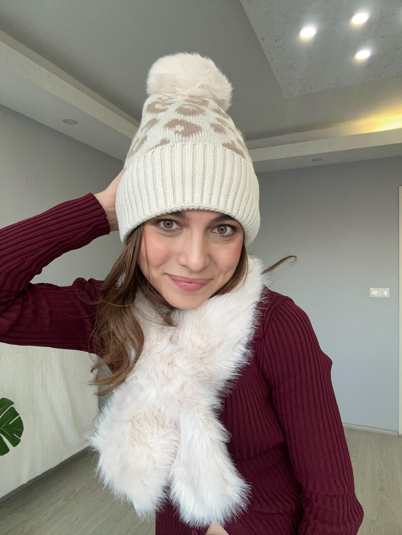 Ponponlu Leopar Desenli Bere Ekru