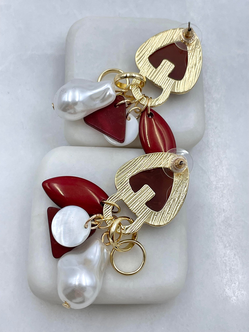 Altın Kaplama İnci Sallantılı Opal Taşlı Vintage Küpe Bordo