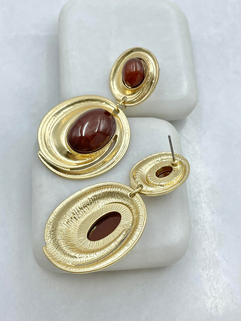 Altın Kaplama Daire Sallantılı Opal Taşlı Vintage Küpe Kahve