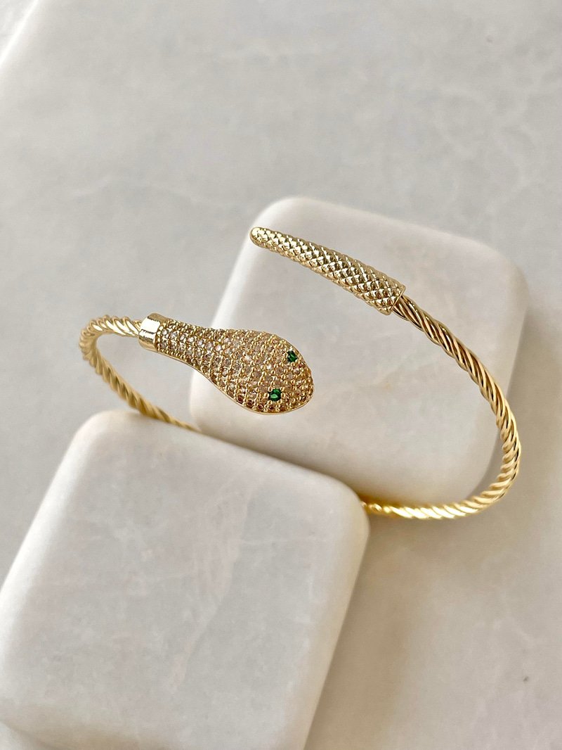 Zirkon Taşlı Yılan Kelepçe Gold