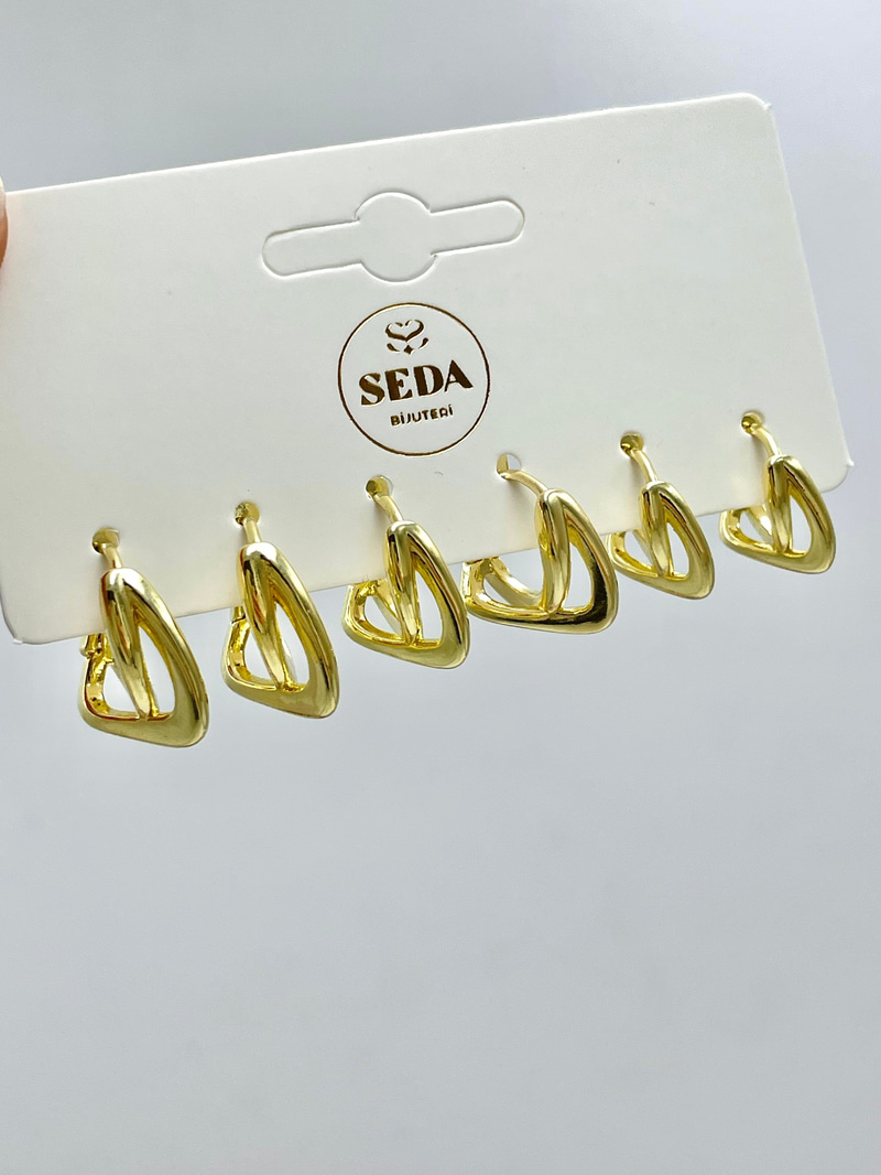 Altın Kaplama Çapraz Model Tasarım Altılı Set Küpe Gold