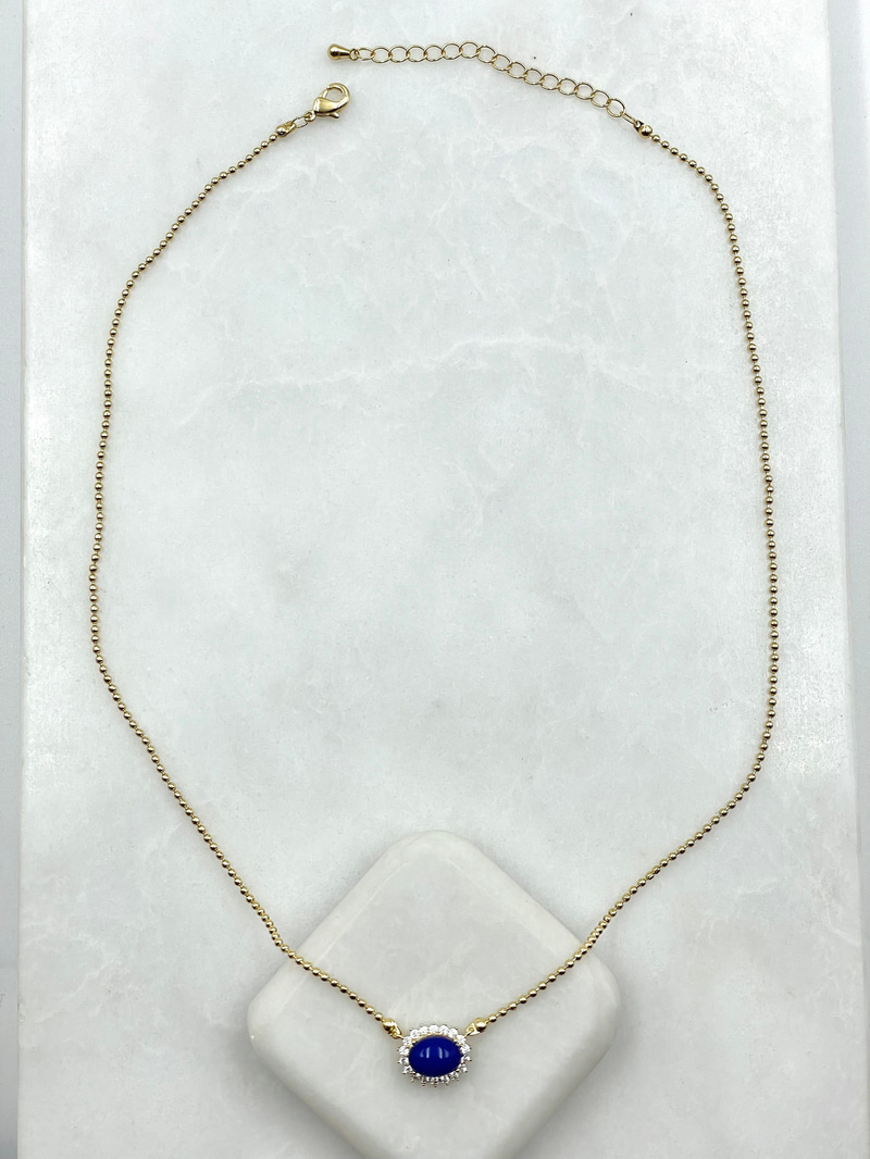 Lacivert Opal Taşlı Topçuk Zincir Kolye Gold