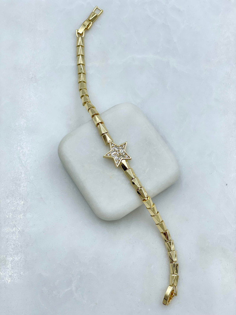 Altın Kaplama Kristal Taşlı Yıldız Model Balık Sırtı Bileklik Gold