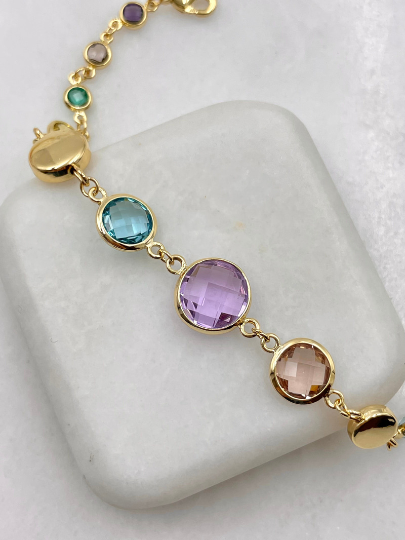 Büyük Küçük Renkli Kristal Taşlı Daire Bileklik Gold