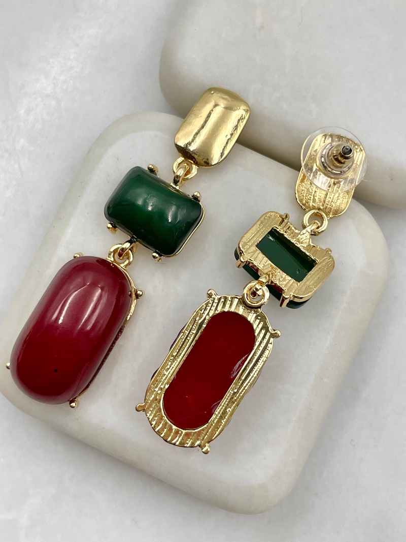Bordo ve Yeşil Taşlı Vintage Küpe Gold