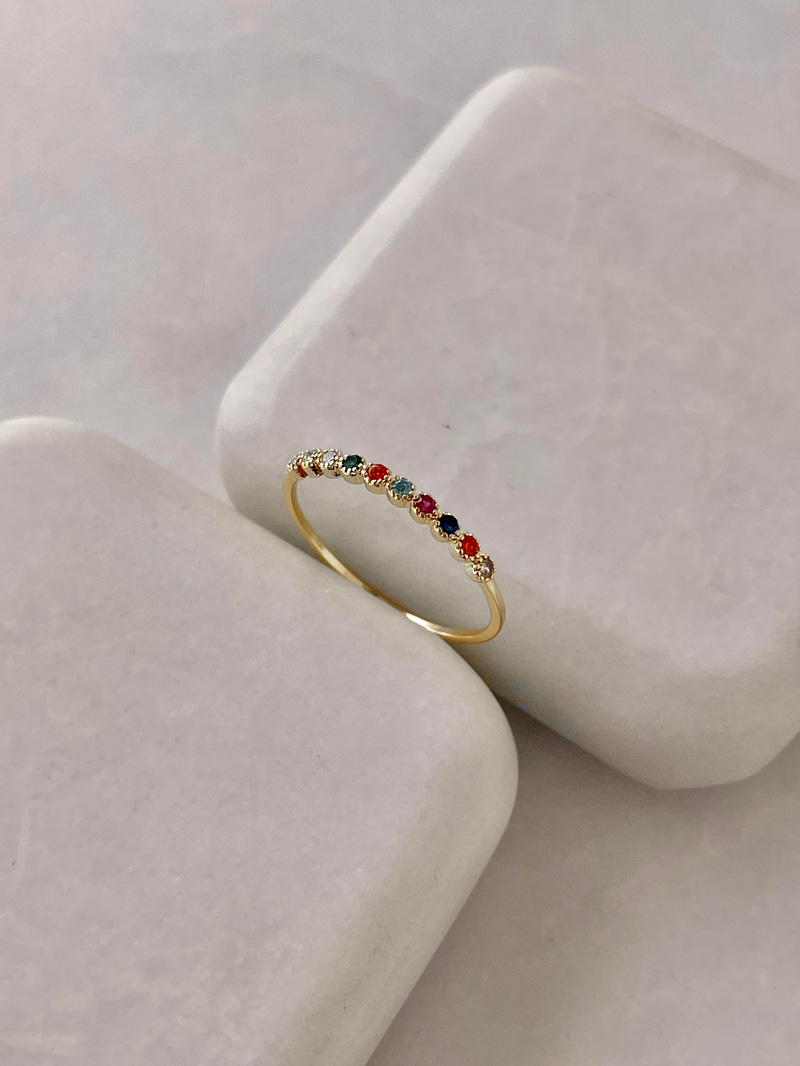 Altın Kaplama Renkli Kristal Taşlı Minimal Yüzük Gold