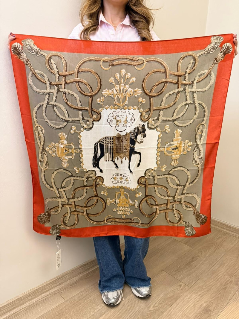 Zincir ve Püskül Desenli Pamuk Dokulu Vizon Şal 90x90 cm Renkli