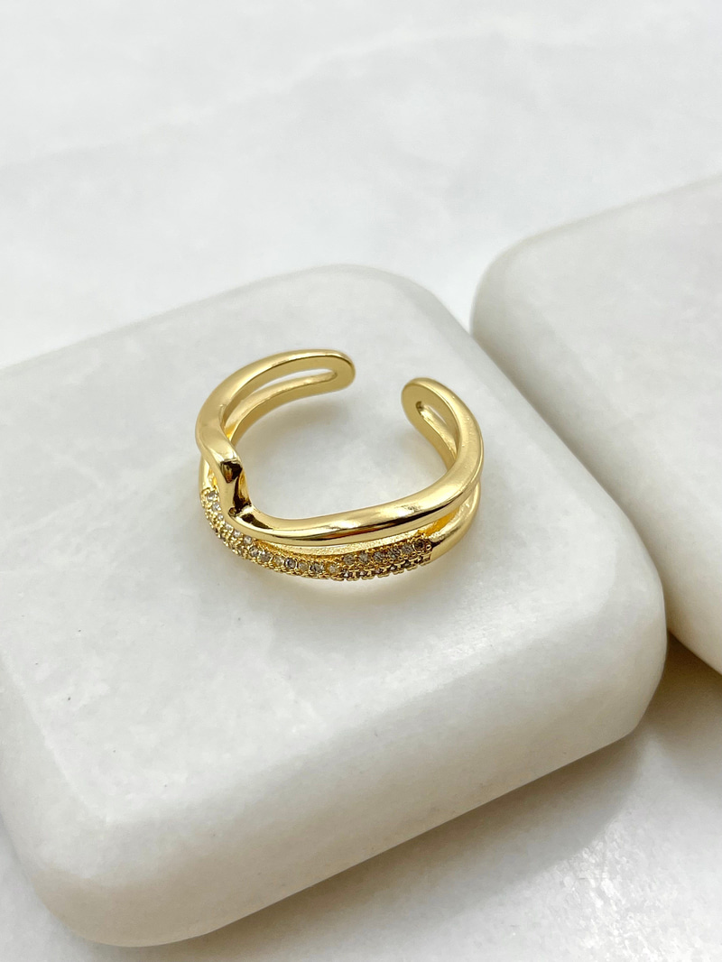 İkili Gömme Taşlı Dalga Model Yüzük Gold