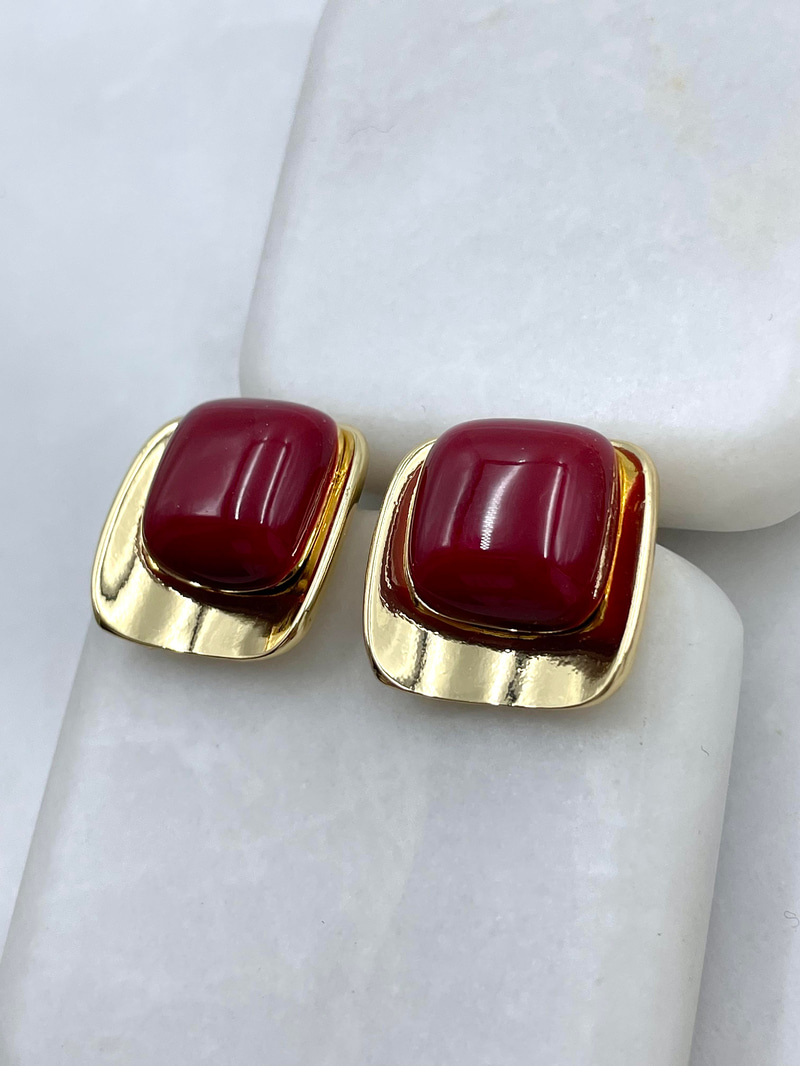 Altın Kaplama Gold Detaylı Kare Vintage Küpe Bordo