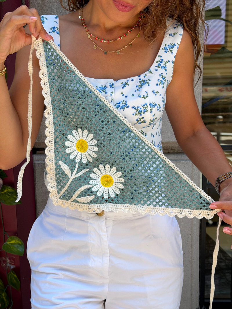 İkili Papatya Model Üçgen İpli Bandana Turkuaz