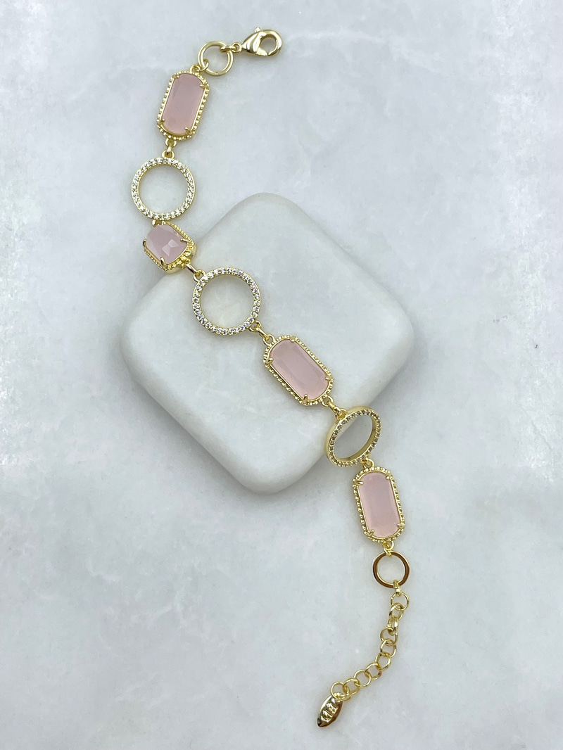 Altın Kaplama Gömme ve Kristal Taşlı Dikdörtgen Daire Bileklik Pembe