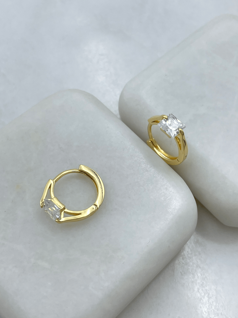 Özel Seri Swarovski  Kare Kristal Taşlı Halka Küpe Gold