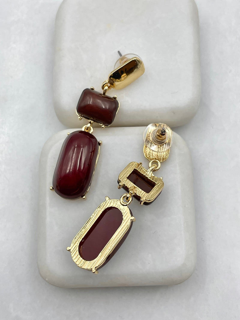 Bordo Taş Sallantılı Vintage Küpe Gold