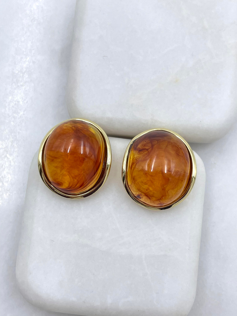 Altın Kaplama Gold Detaylı Oval Kehribar Küpe Gold