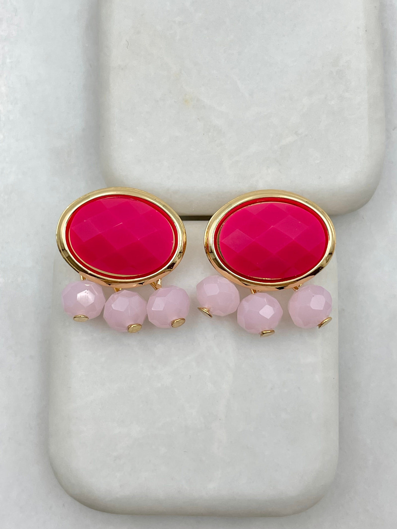 Kristal Boncuk Sallantılı Oval Küpe Pembe