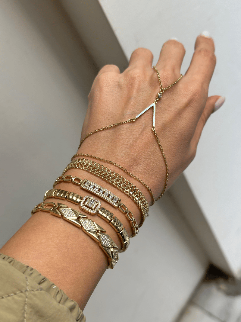 Özel Seri Gömme ve Kristal Taşlı Minimal Zincir Bileklik Gold