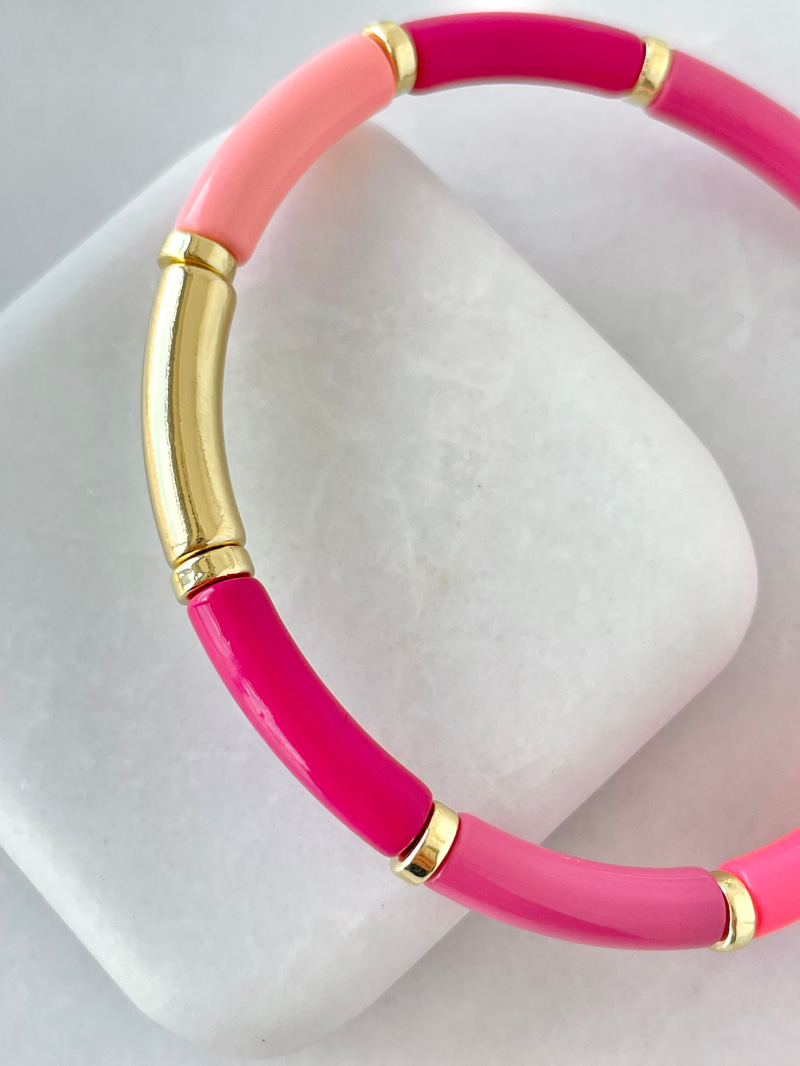 Gold Detaylı Boru Boncuk Lastik Bileklik Pembe Gold