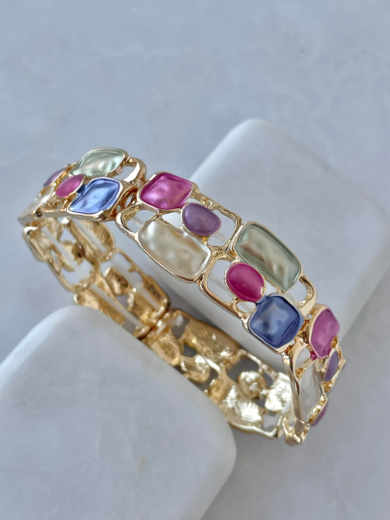 Altın Kaplama Geometrik Şekilli Lastikli Bileklik Renkli