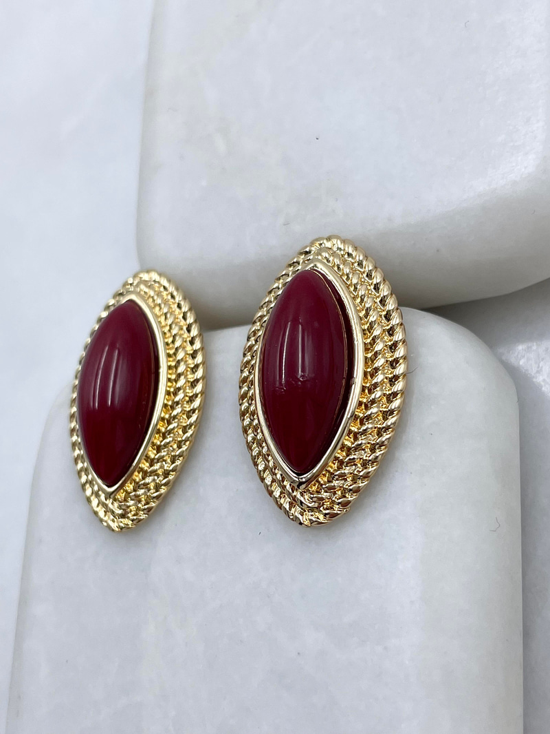 Altın Kaplama Çift Sıra Gold Burgu Detaylı Küçük Vintage Küpe Bordo