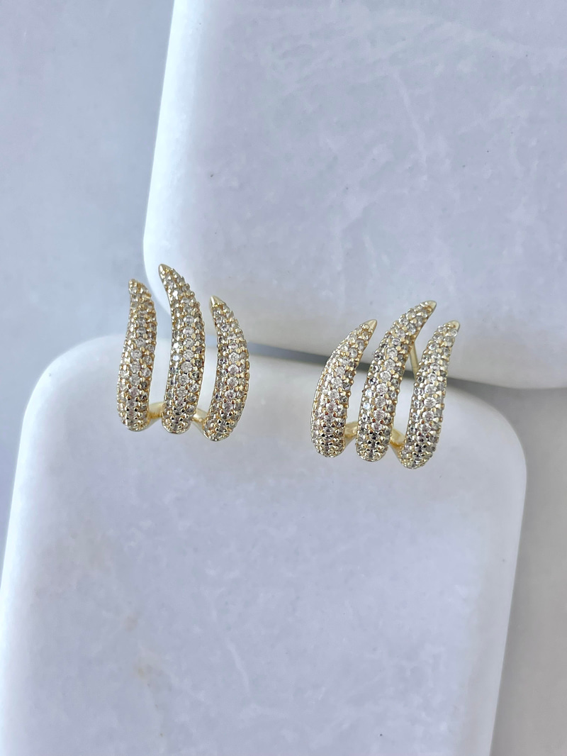 Özel Seri Zirkon Taşlı Üçlü Görünüm Dalga Model Küpe Gold