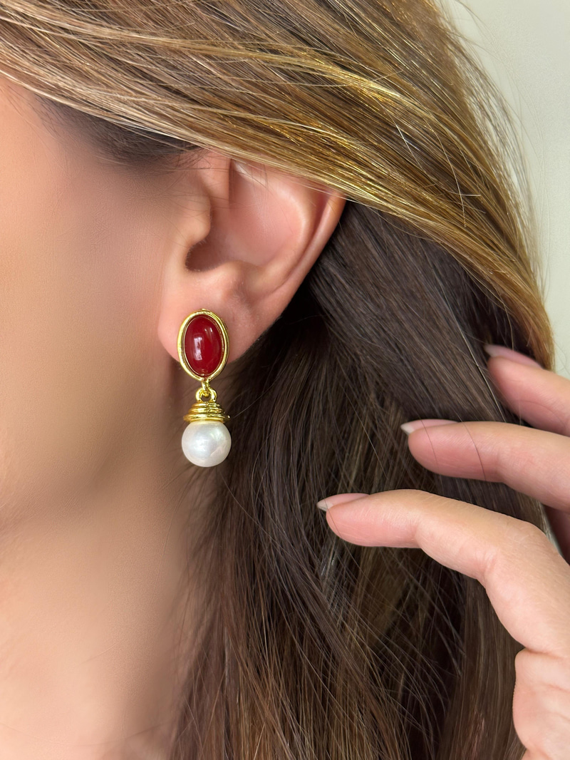 Altın Kaplama İnci Sallantılı Vintage Bordo Küpe Gold