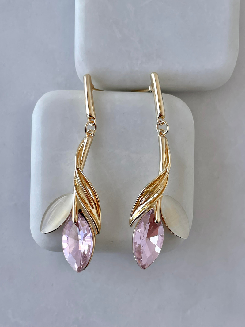 Altın Kaplama Kristal Pembe Taşlı Lale Model  Küpe