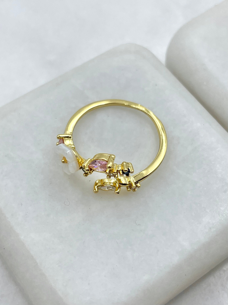 Pembe Kristal Taşlı Çiçek Model Yüzük Gold