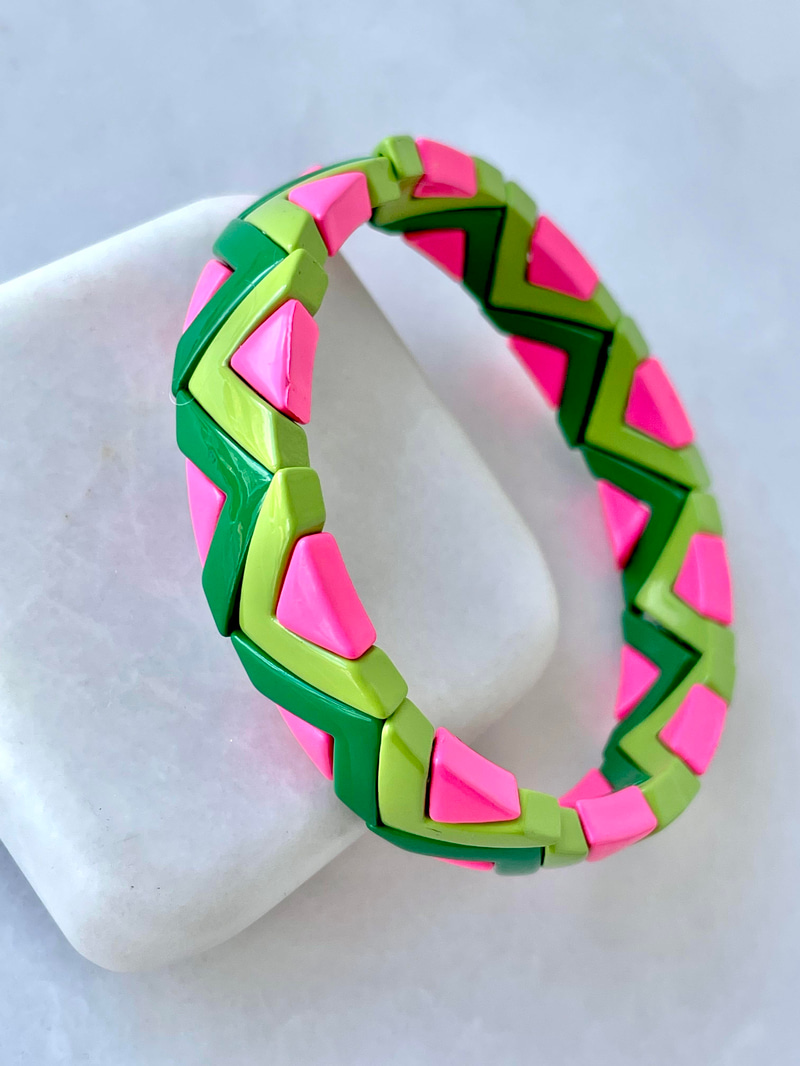 Porselen Kaplama Renkli Zigzag Bileklik Yeşil-Pembe