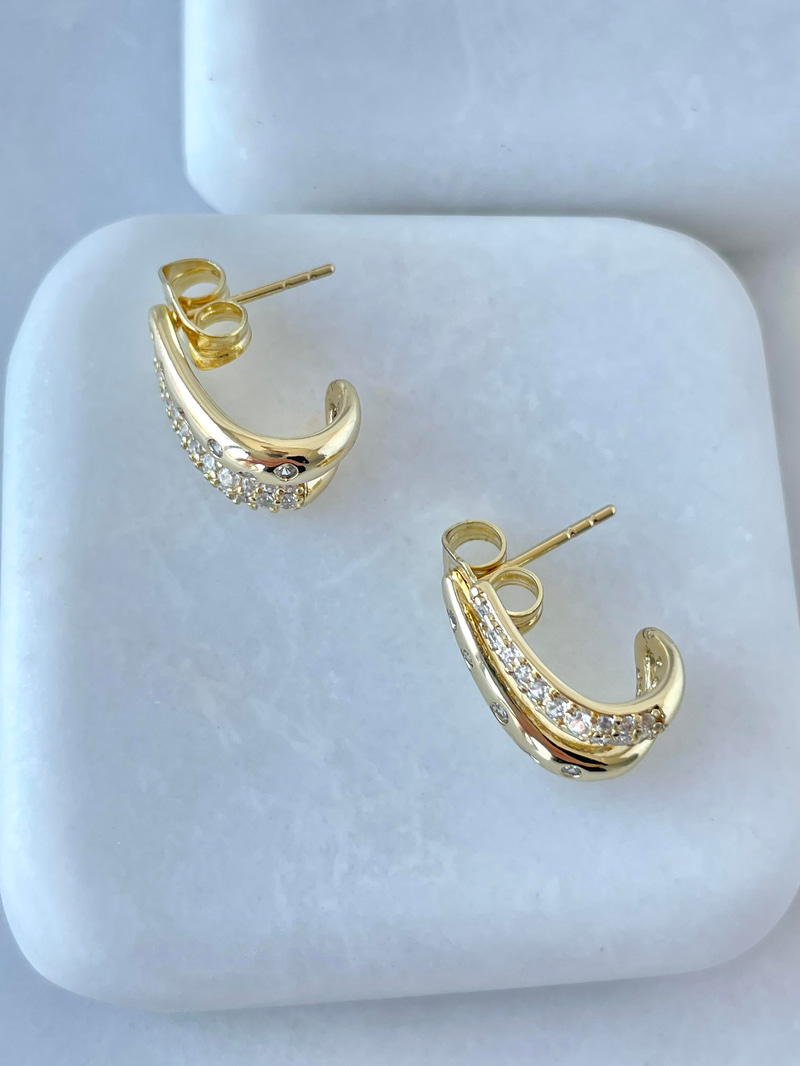 Özel Seri Gömme Taşlı İkili Görünüm Damla Küpe Gold