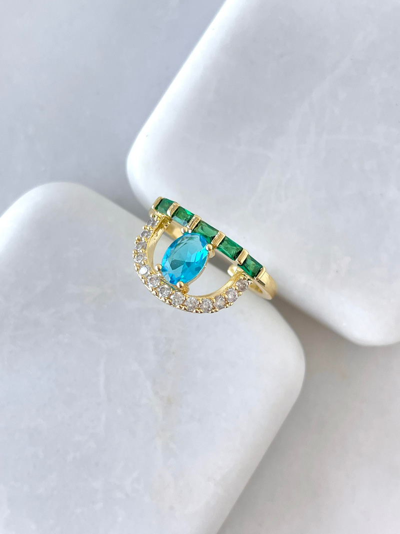 Altın Kaplama Mavi ve Yeşil Kristal Taşlı Yüzük Gold
