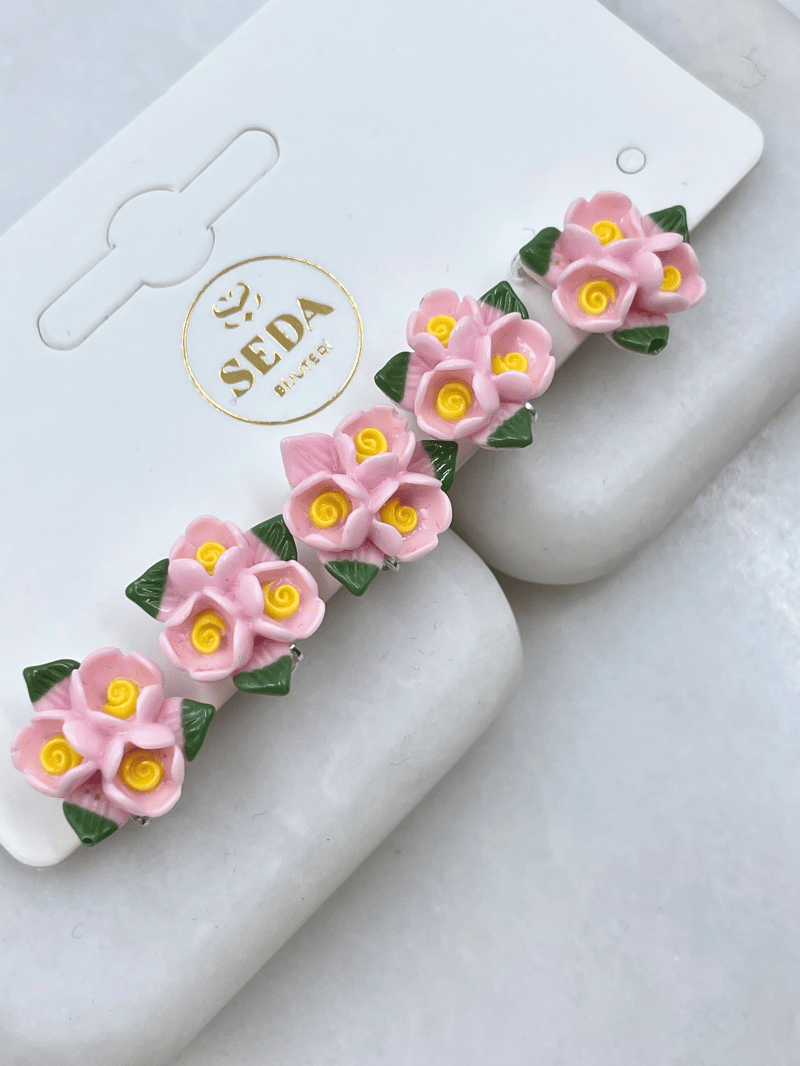 Çiçek Buketi Model Saç Küpesi Toz Pembe