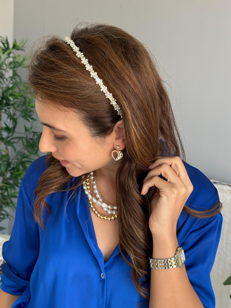 Kristal Taşlı ve Boncuklu Taç Beyaz