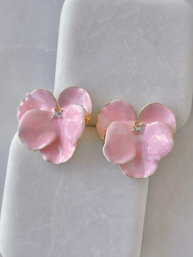 Gold Kenarlı Çiçek Küpe Pembe