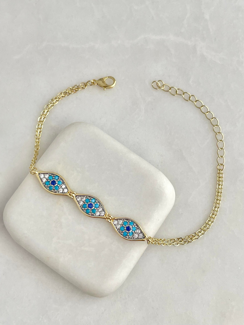 Altın Kaplama Göz Model İkili Zincir Bileklik Gold