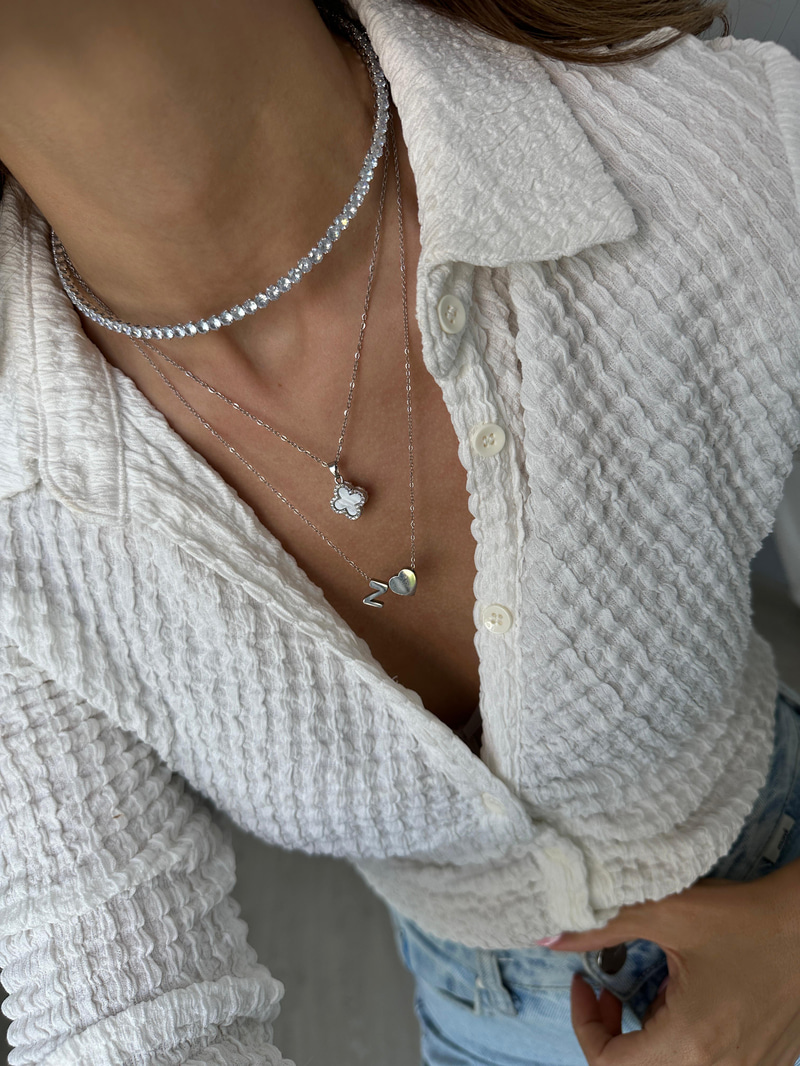 Çelik Taşlı Yonca Kolye Beyaz-Gümüş