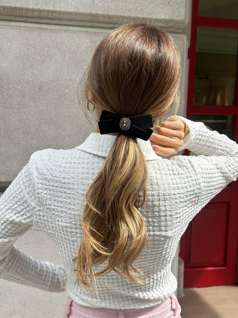 Kristal Taşlı Kadife Fiyonk Scrunchie Toka Siyah