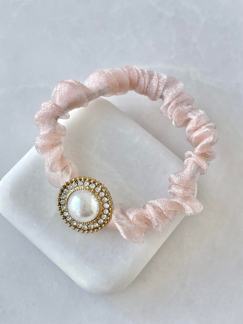 İnci ve Gömme Taşlı Tül Scrunchie Toka Pembe