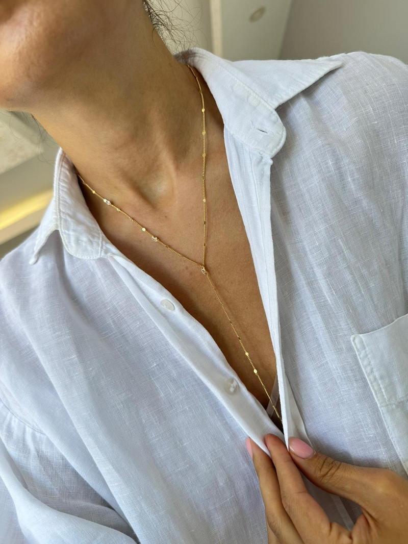 Altın Kaplama Oval Kristal ve Pul Zincir Y Model Kolye Gold