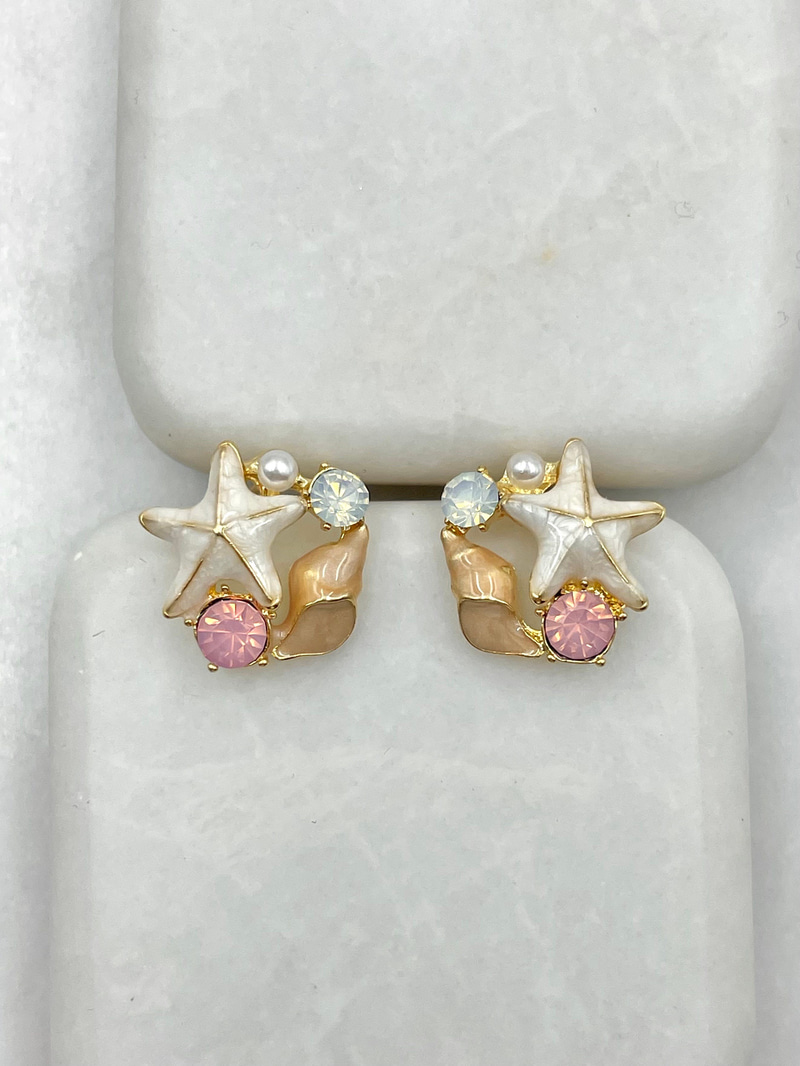 İncili Renkli Kristal Taşlı Deniz Yıldızı Küpe Gold