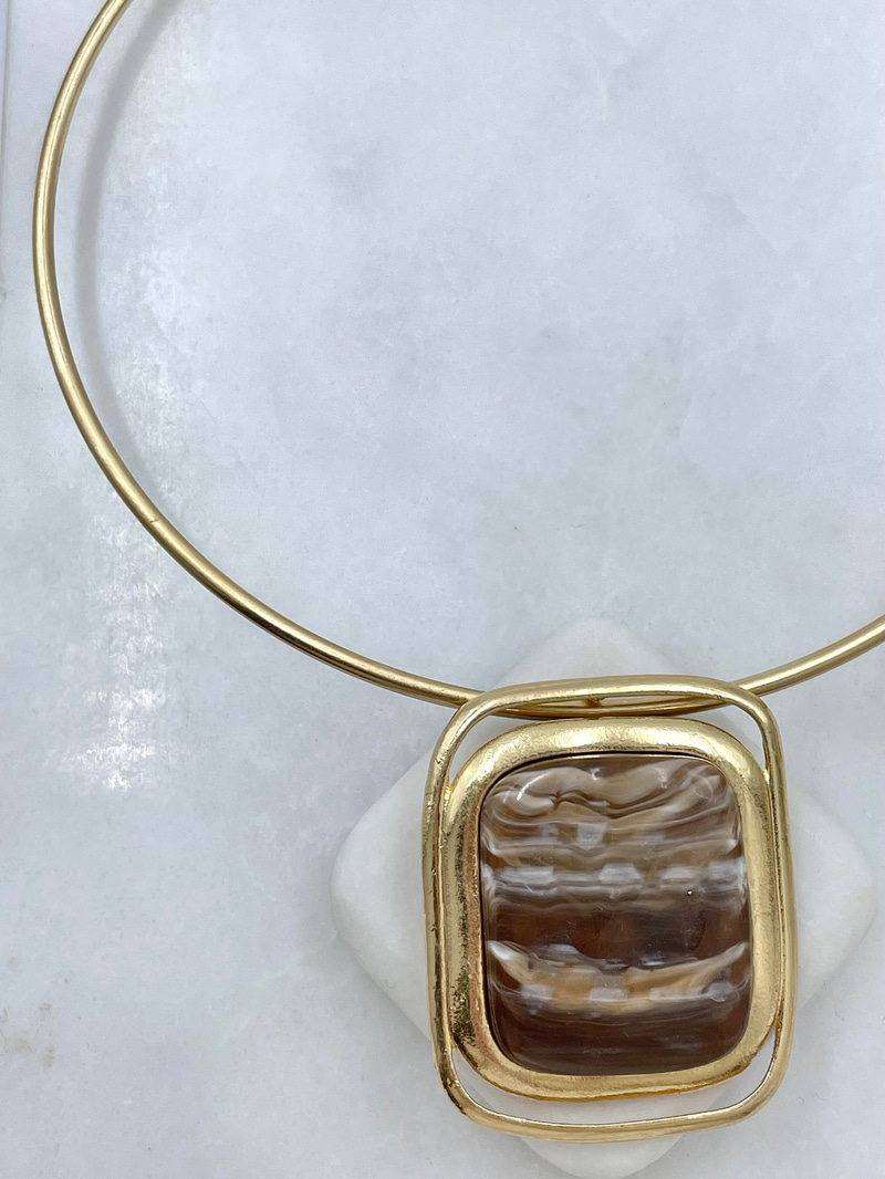 Altın Kaplama Doğal Taşlı Kare Model Vintage Choker Kolye Kahve