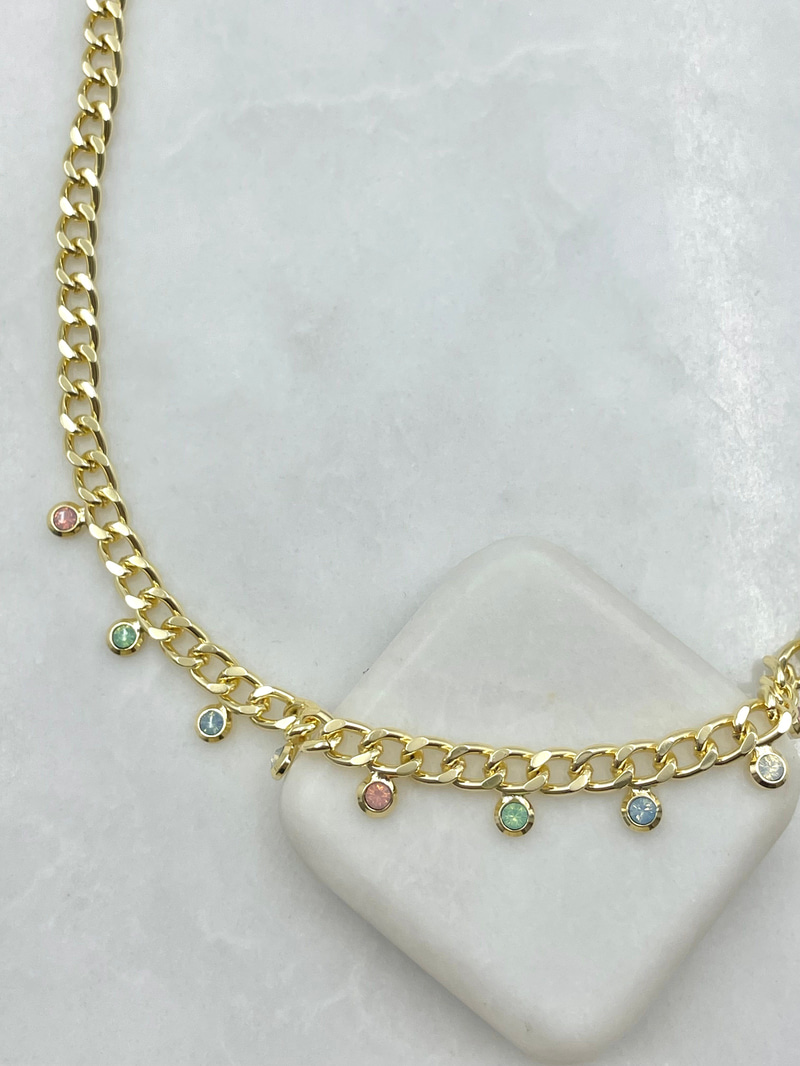 Pastel Kristal Taşlı Zincir Kolye Gold
