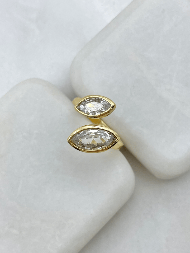 Altın Kaplama Büyük Küçük Kristal Taşlı Birleşim Yüzük Gold