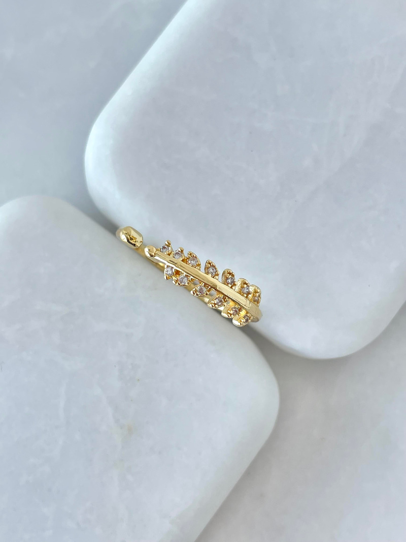 Altın Kaplama Gömme Taşlı Yaprak Yüzük Gold